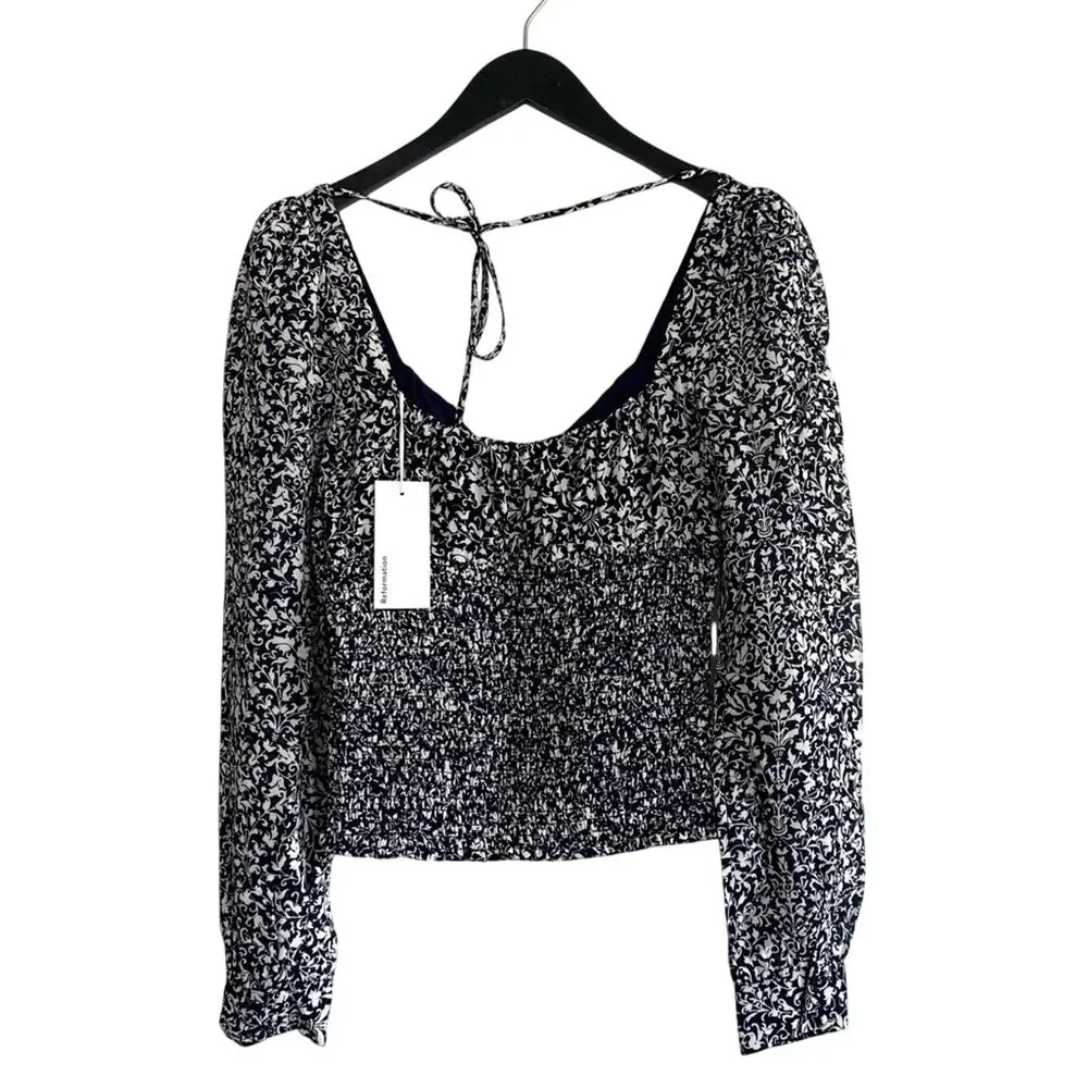 REFORMATION Floral Long Sleeve Smocked Top